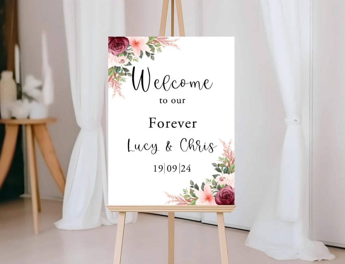 Welcome wedding boards white & burgundy