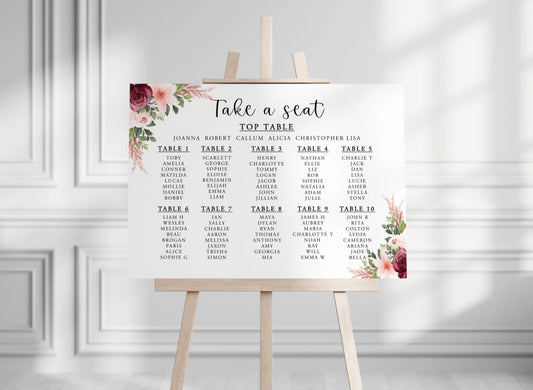 Landscape table plan peach & burgundy  upto 10 tables