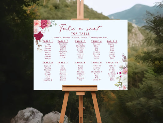 Landscape table plan burgundy and white flowers upto 10 tables