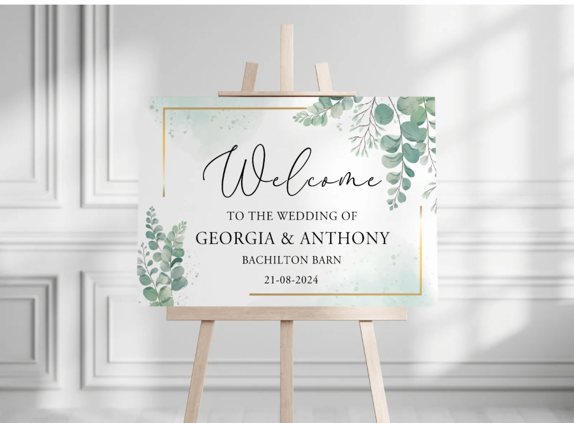 Welcome wedding boards gold and eucalyptus