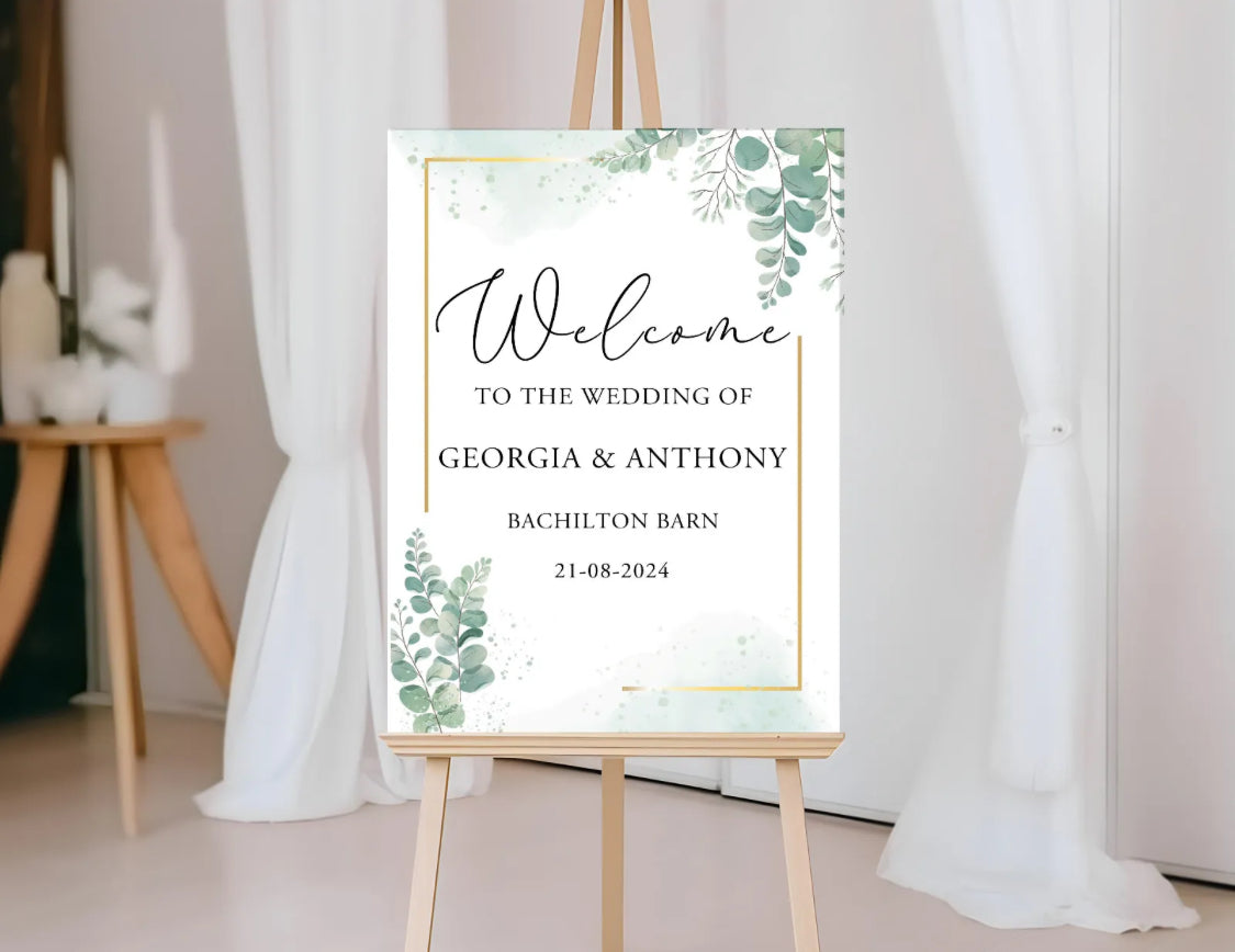 Welcome wedding boards gold and eucalyptus