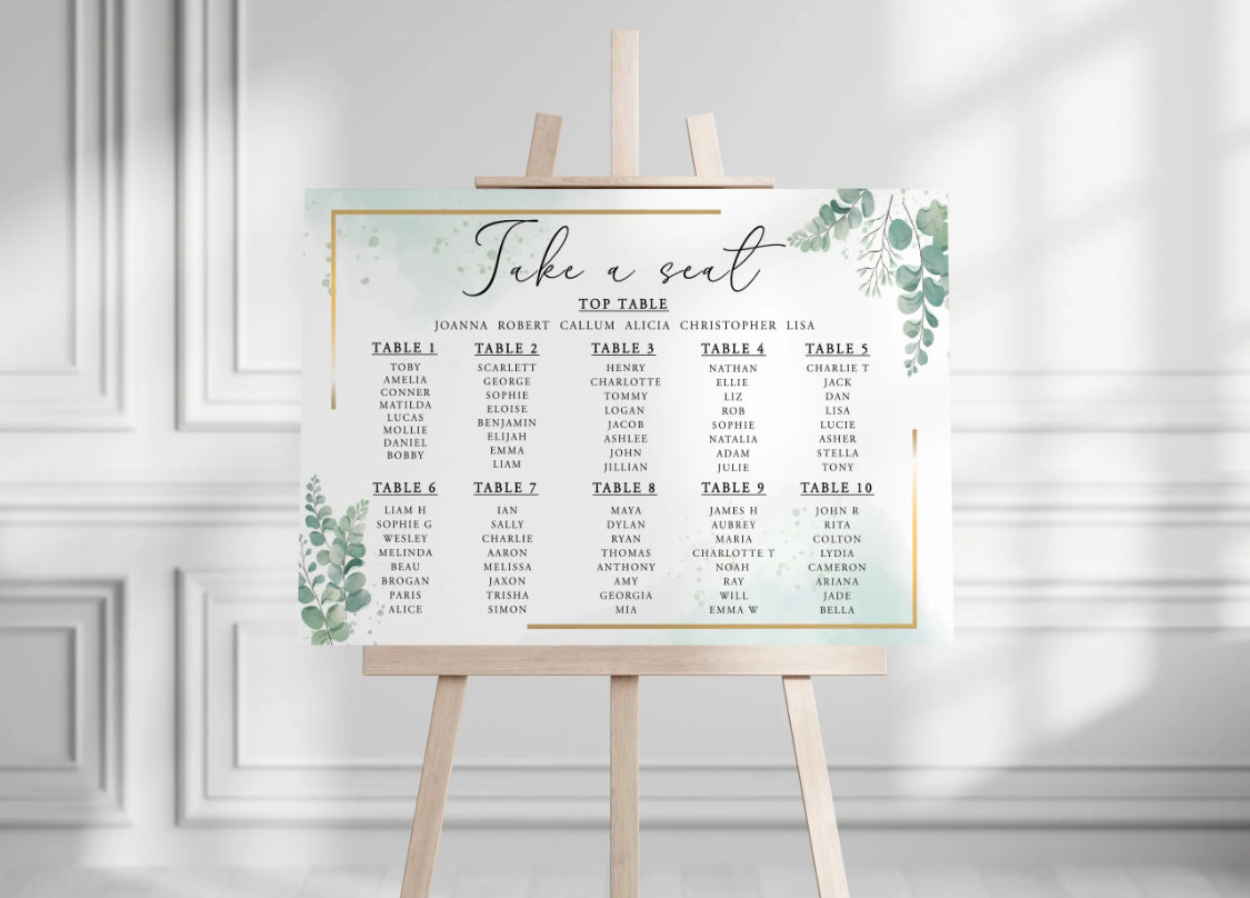 Welcome wedding boards gold and eucalyptus