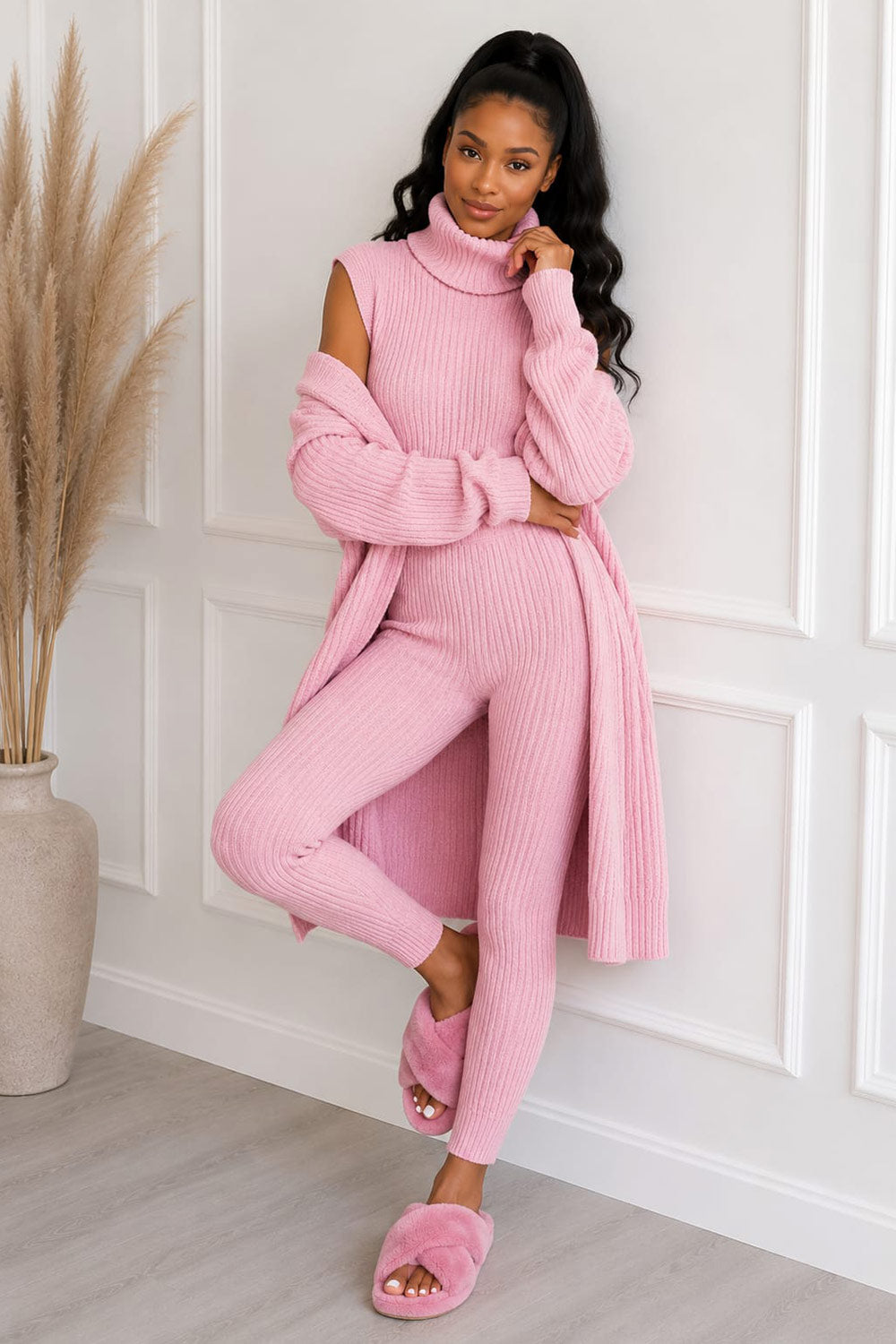 Ladies 3 Piece Suit Roll Neck Chunky Knitted Ribbed Tracksuit Lounge Set
