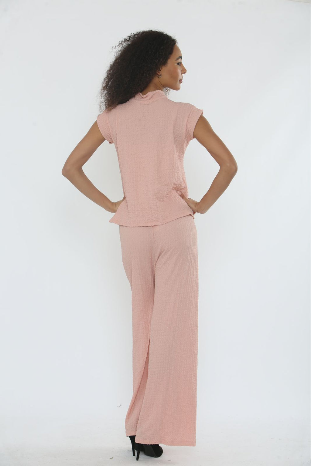 V-Neck Cheesecloth Gold Button Top & Wide Leg Trouser Co-Ord Suit