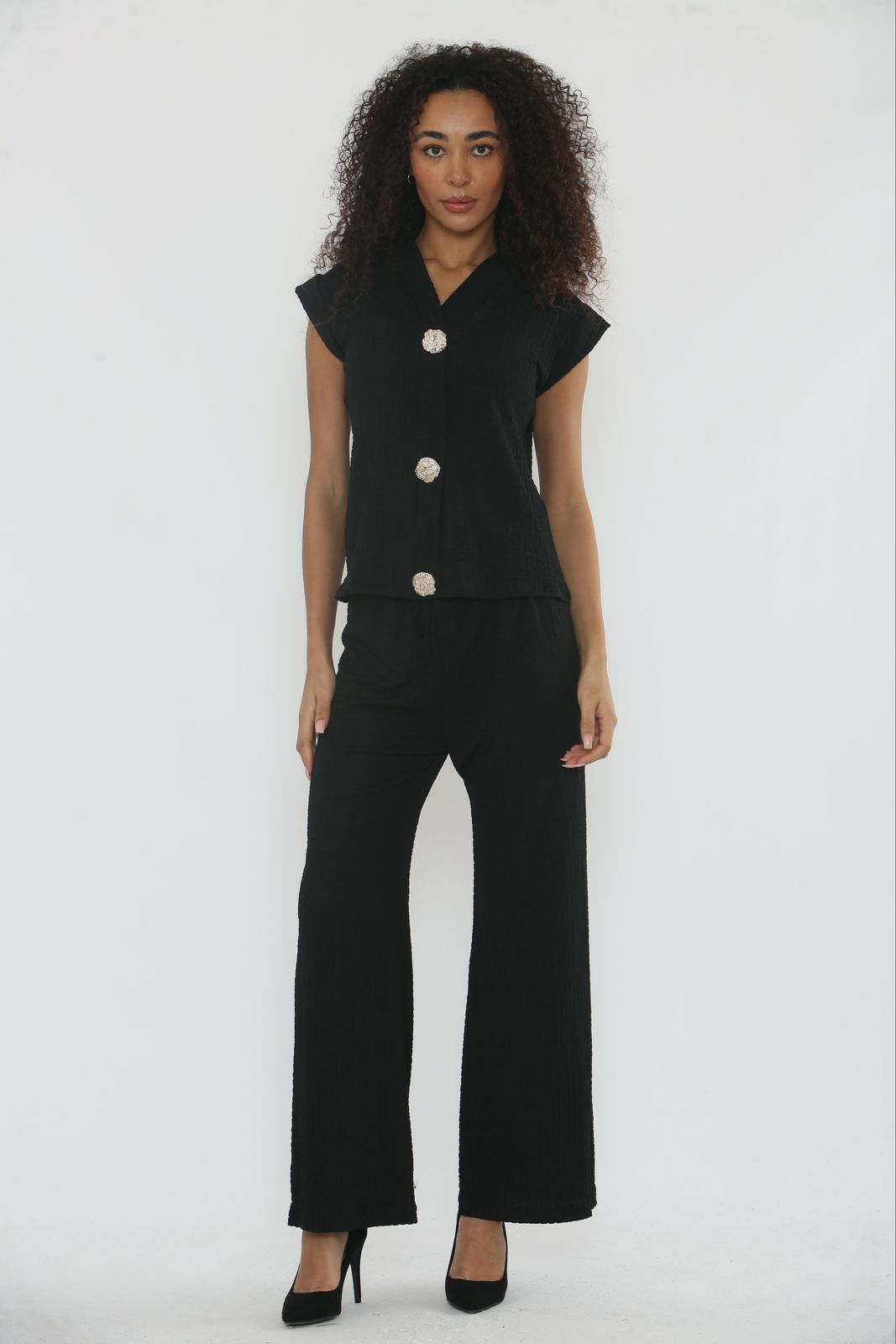V-Neck Cheesecloth Gold Button Top & Wide Leg Trouser Co-Ord Suit