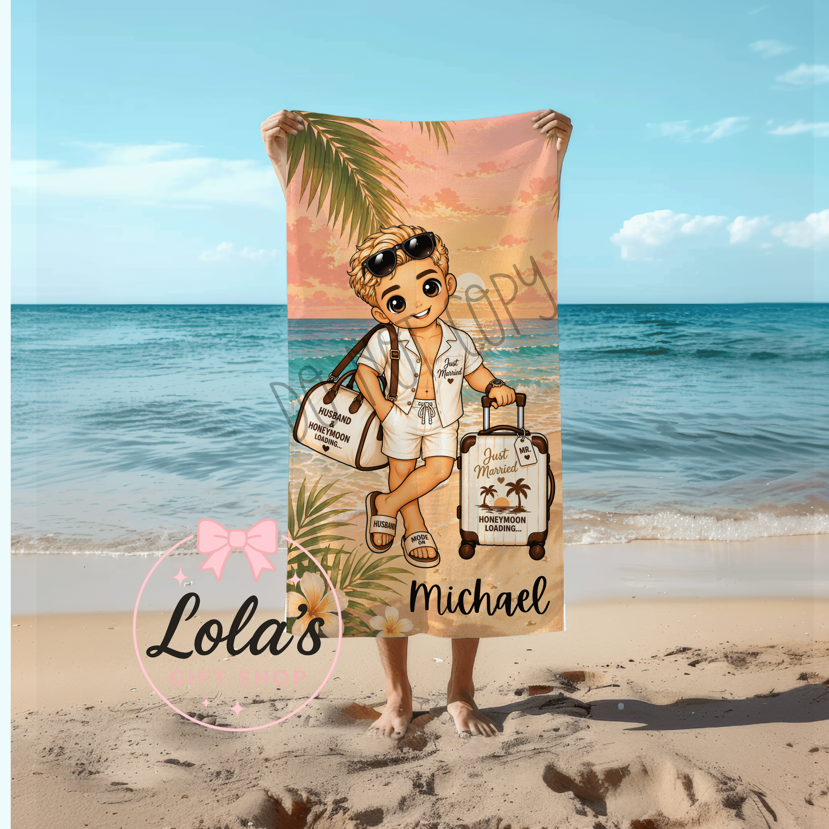 Honeymoon male personalised beach towel
