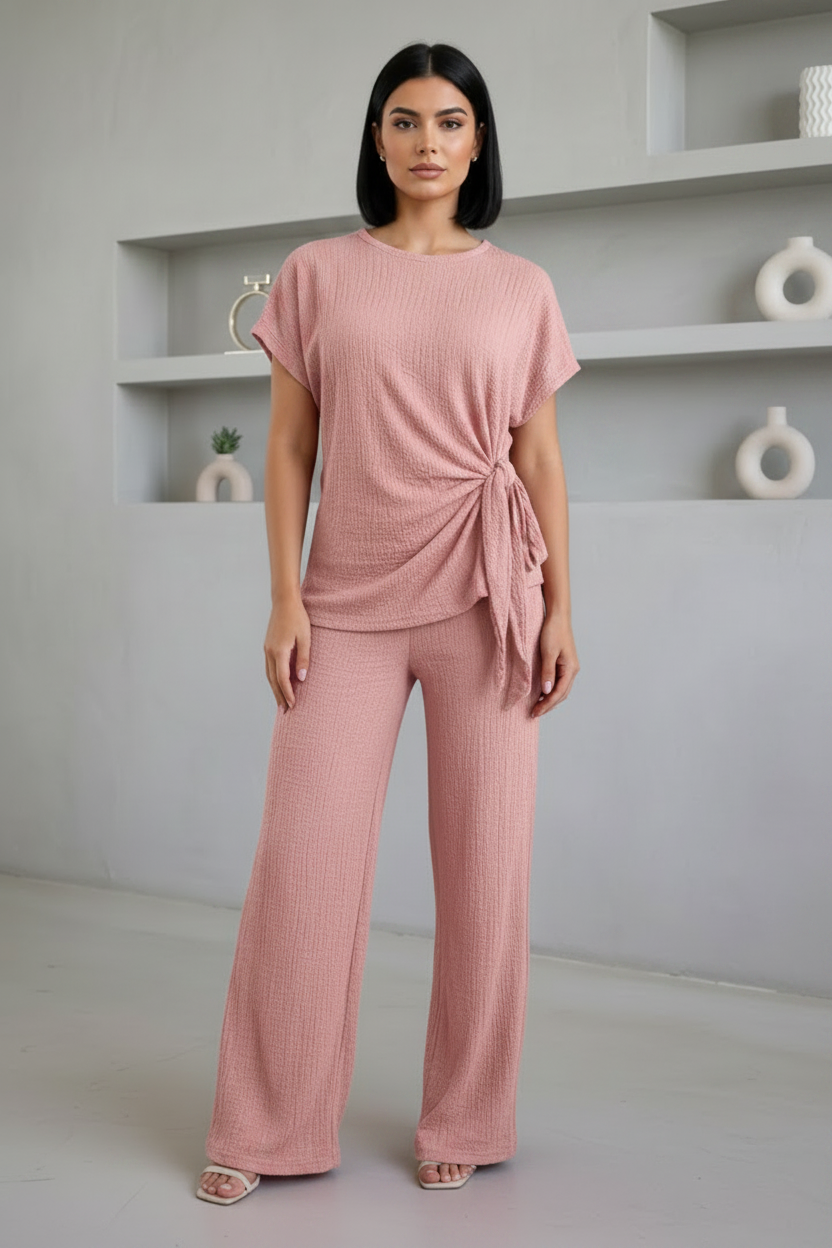 Ladies Womens Popcorn Short Sleeve Tie Side Knot Co-Ord 2Pcs Set