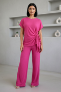 Ladies Womens Popcorn Short Sleeve Tie Side Knot Co-Ord 2Pcs Set