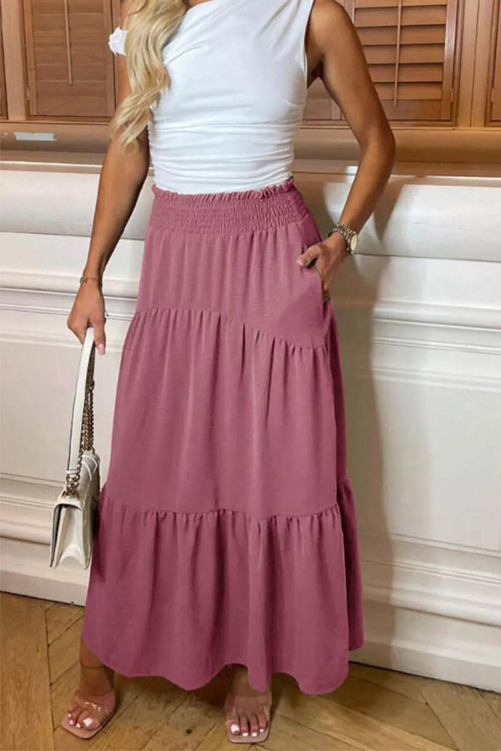 Womens Ladies High Waisted Sheering Pockets Maxi Skirt