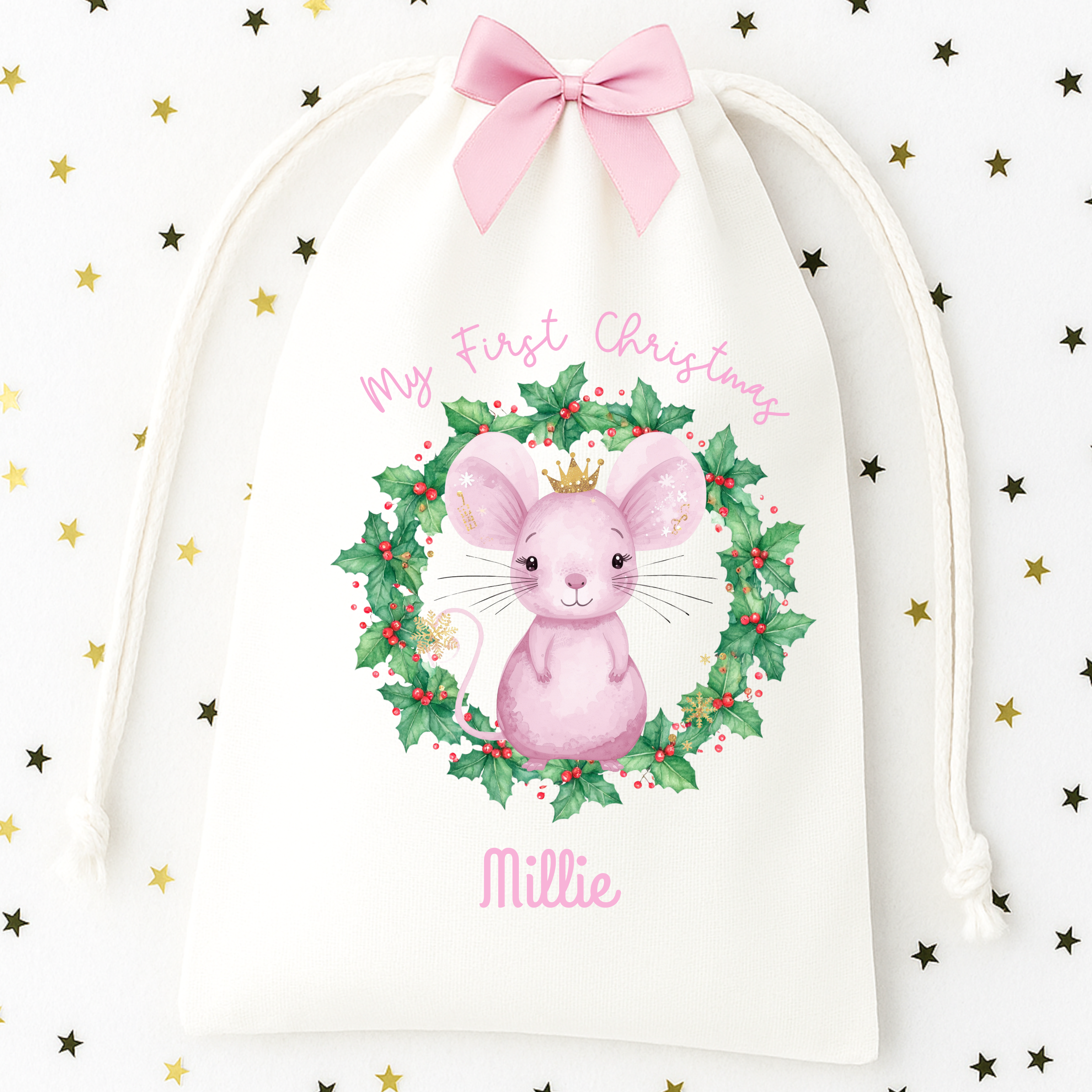 My first pink Christmas mouse personalised sack - 2 sizes (Copy)
