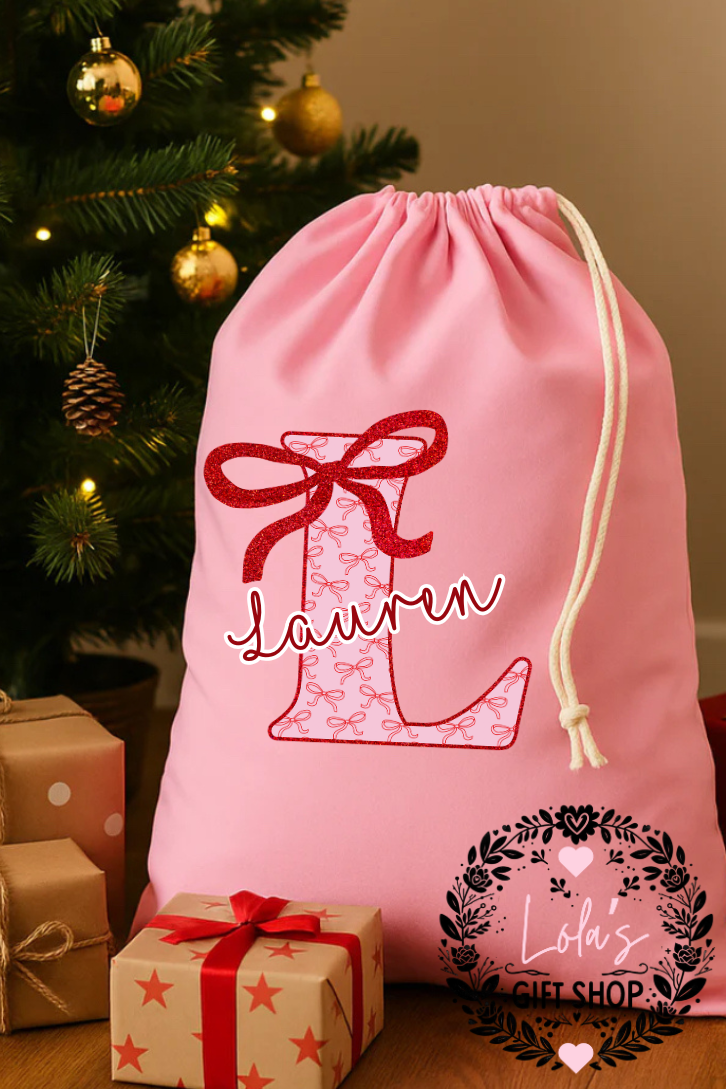 Pink bow personalised sack - 2 sizes