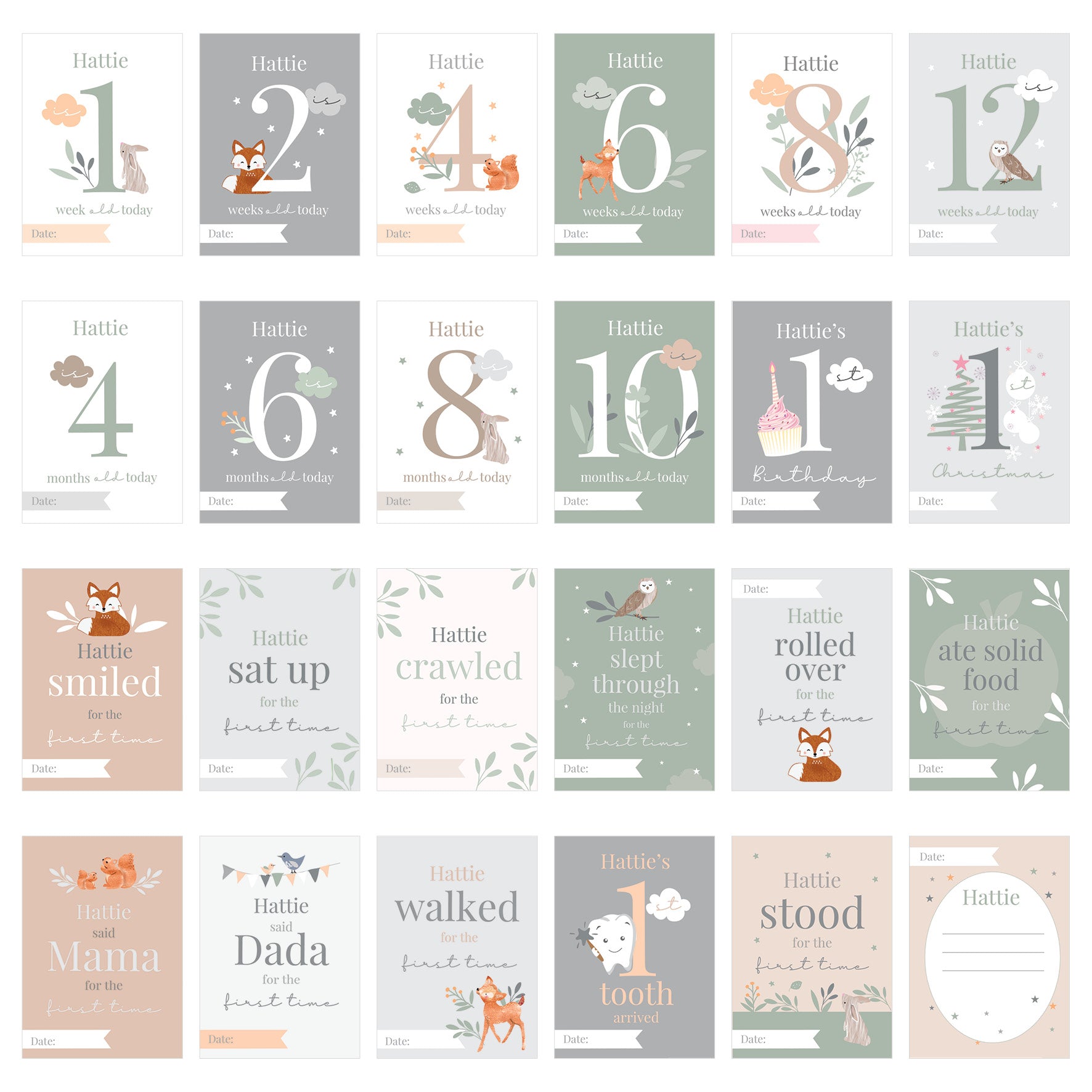 Personalised woodland milestone cards