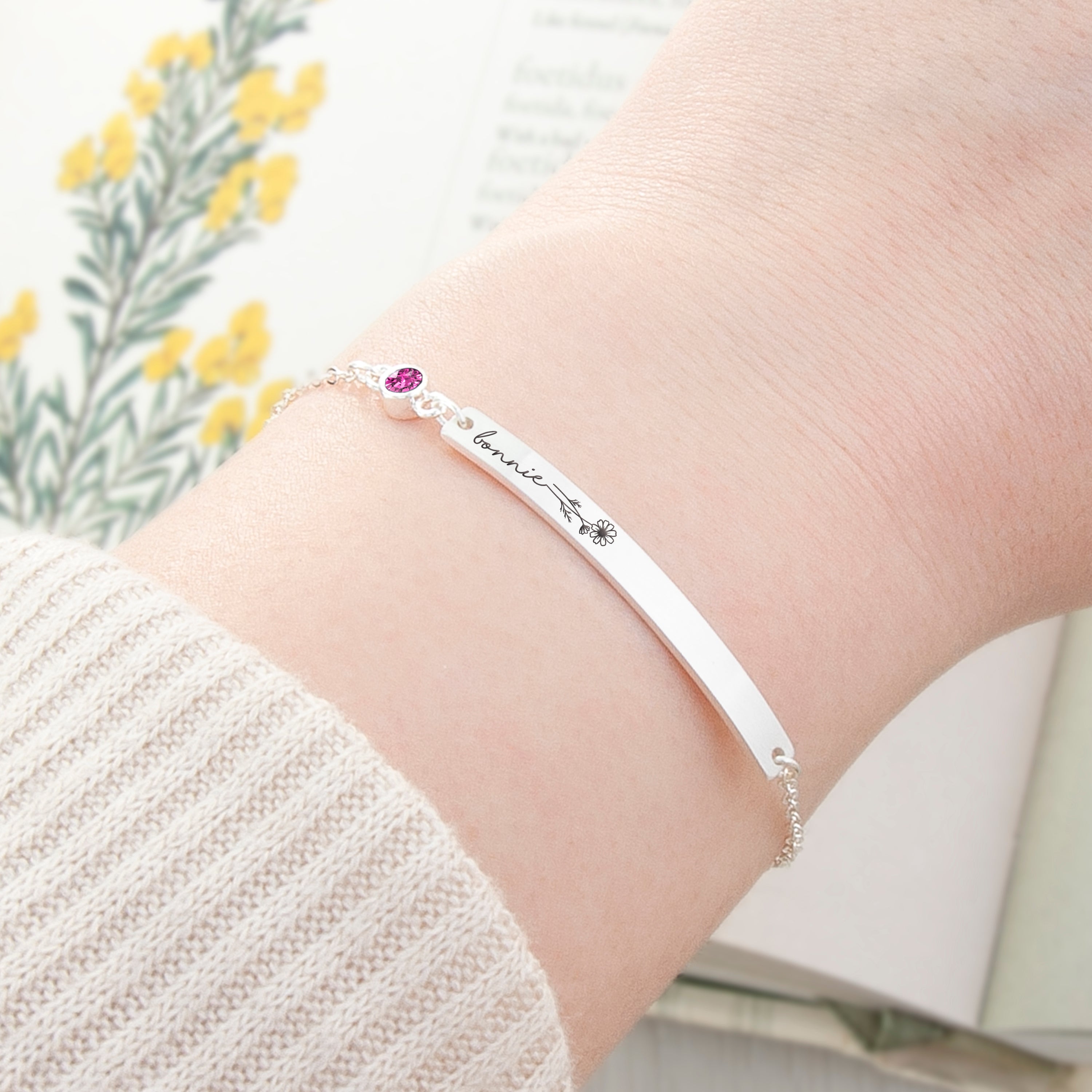 Personalised Silver Birth Flower Swarovski Crystal Bracelet
