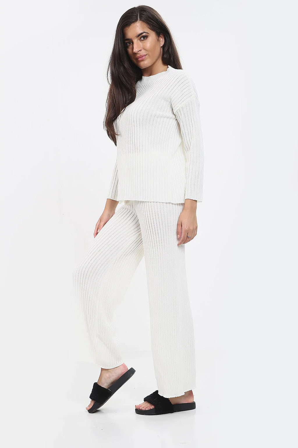 Womens Ladies Knitted Ribbed Round Neck 2 Pcs Loungewear Tracksuit Set