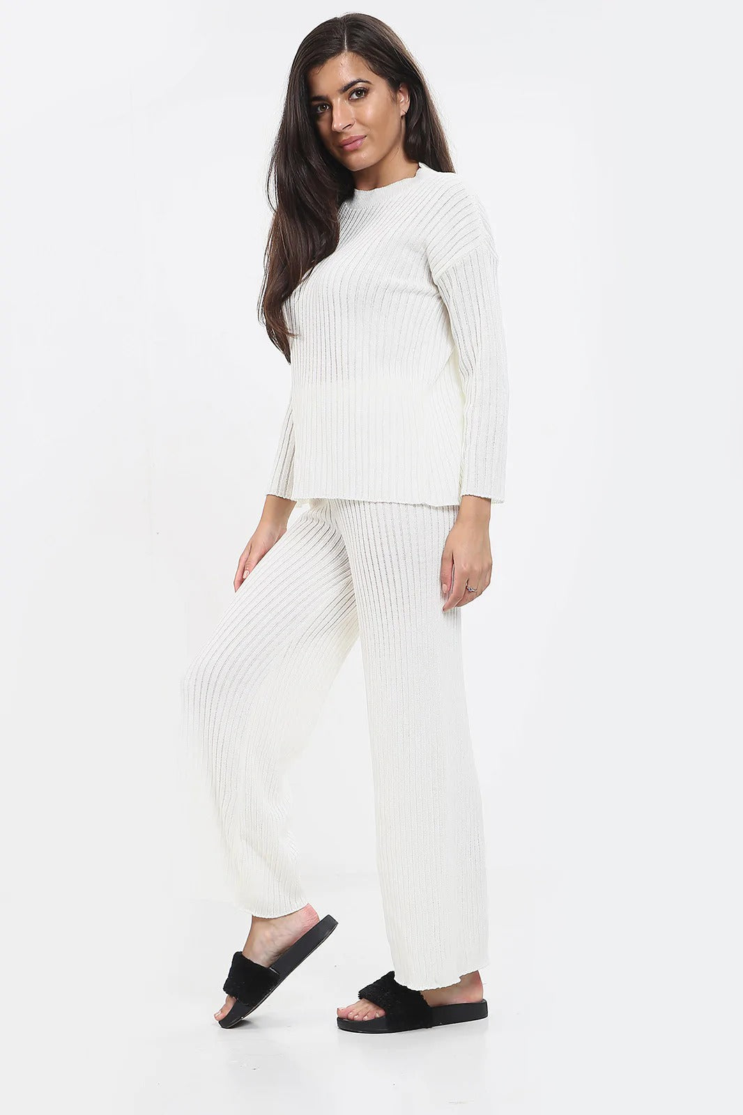 Womens Ladies Knitted Ribbed Round Neck 2 Pcs Loungewear Tracksuit Set