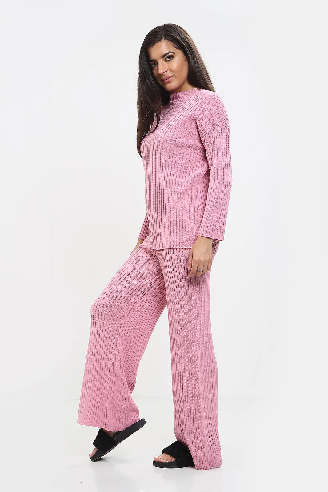 Womens Ladies Knitted Ribbed Round Neck 2 Pcs Loungewear Tracksuit Set