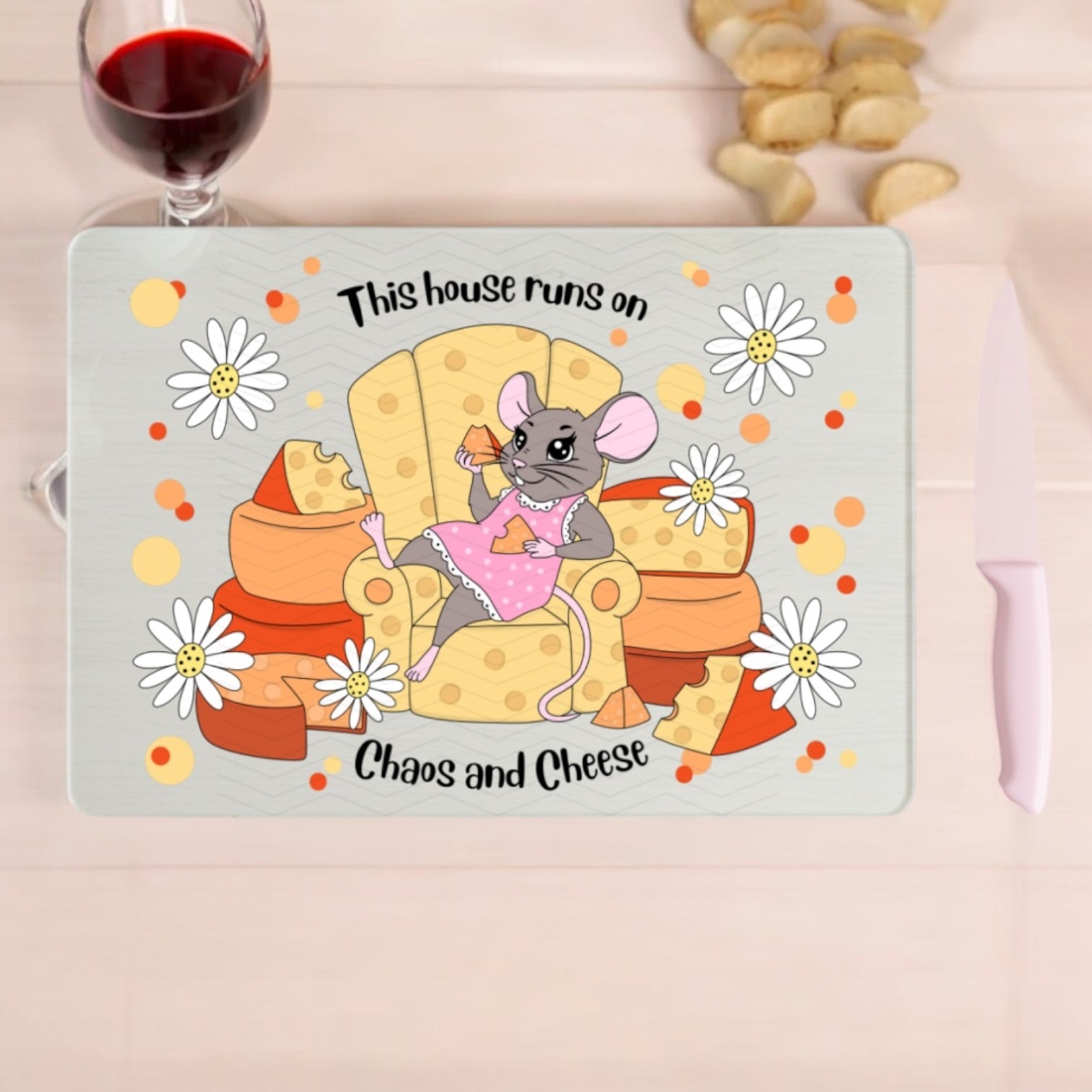 Cheese and chaos Cutting board