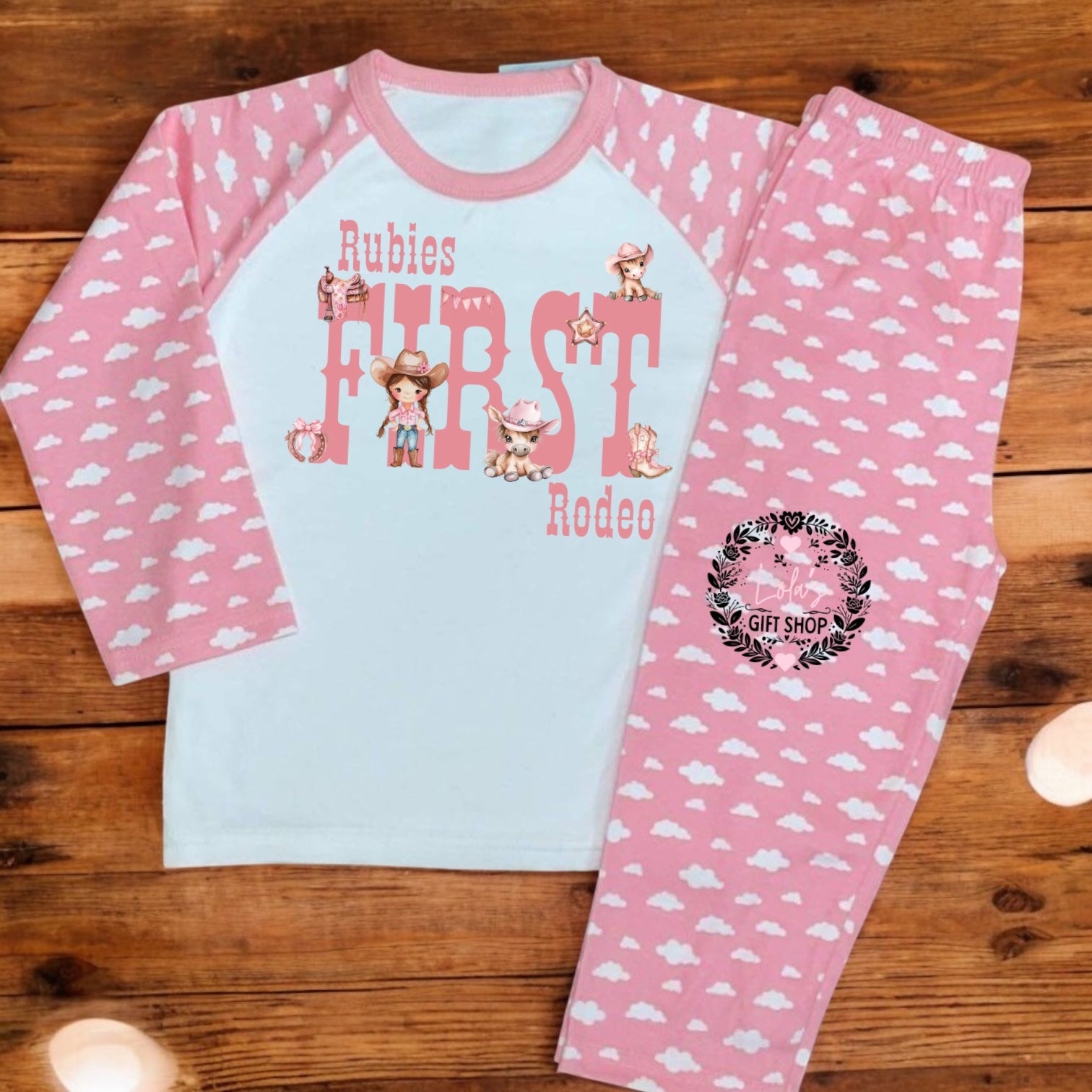 First rodeo pjs/romper pink/blue