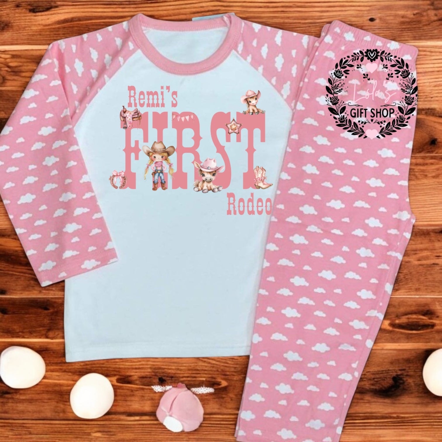 First rodeo pjs/romper pink/blue