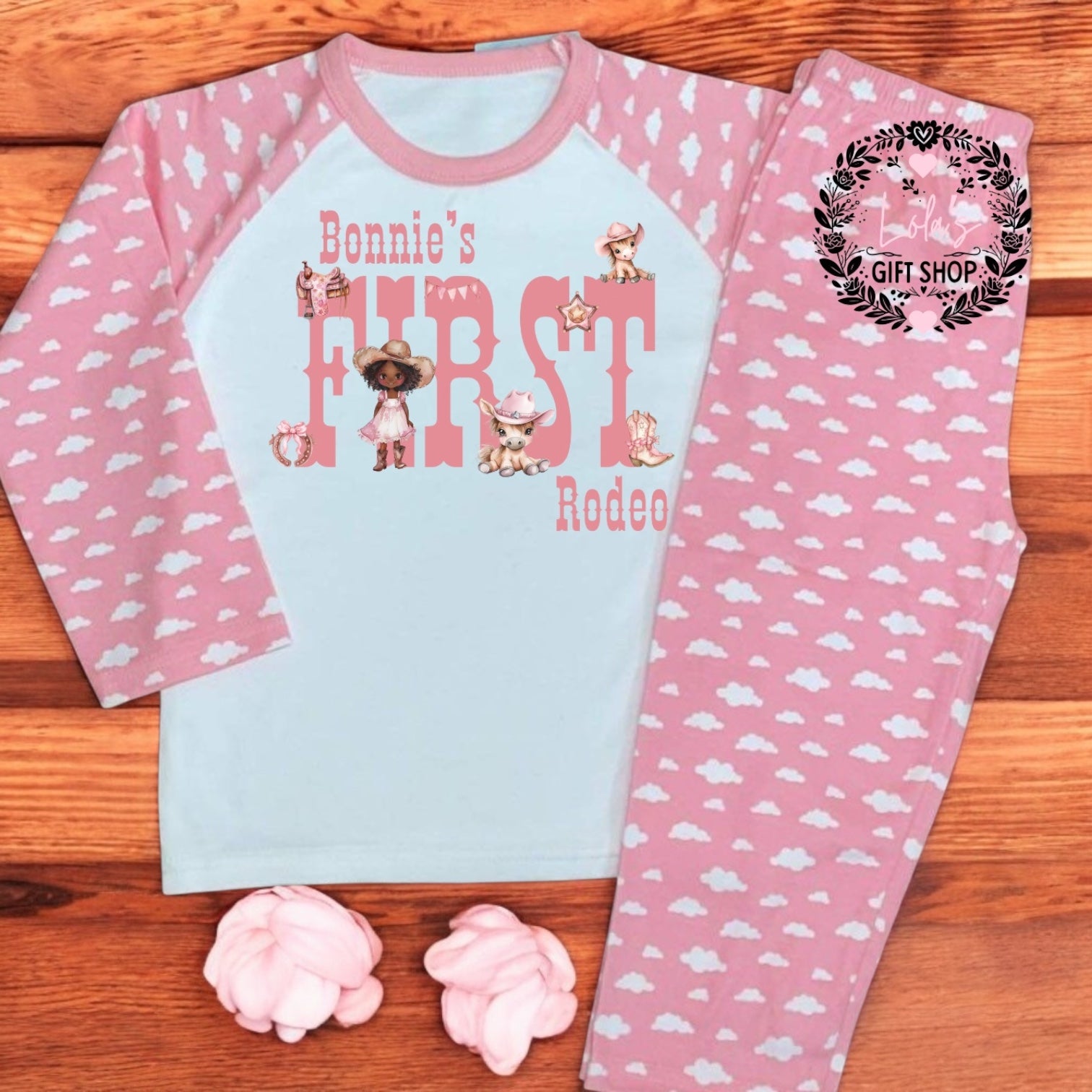 First rodeo pjs/romper pink/blue