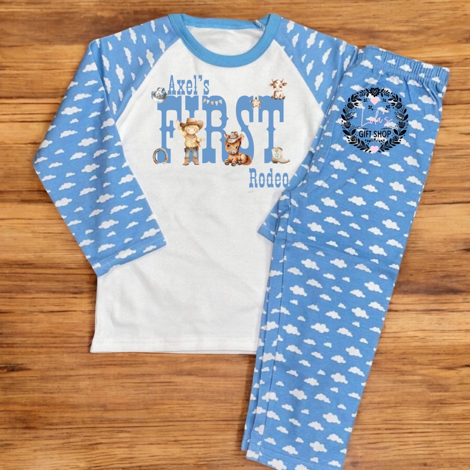 First rodeo pjs/romper pink/blue