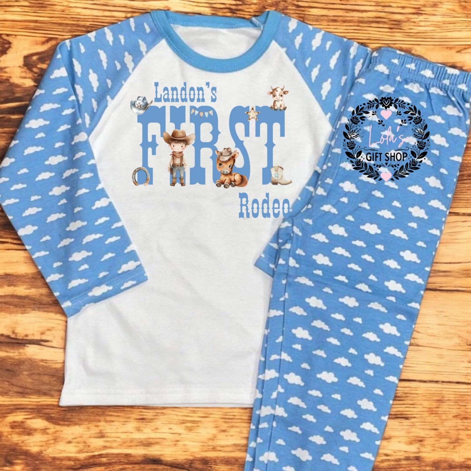 First rodeo pjs/romper pink/blue