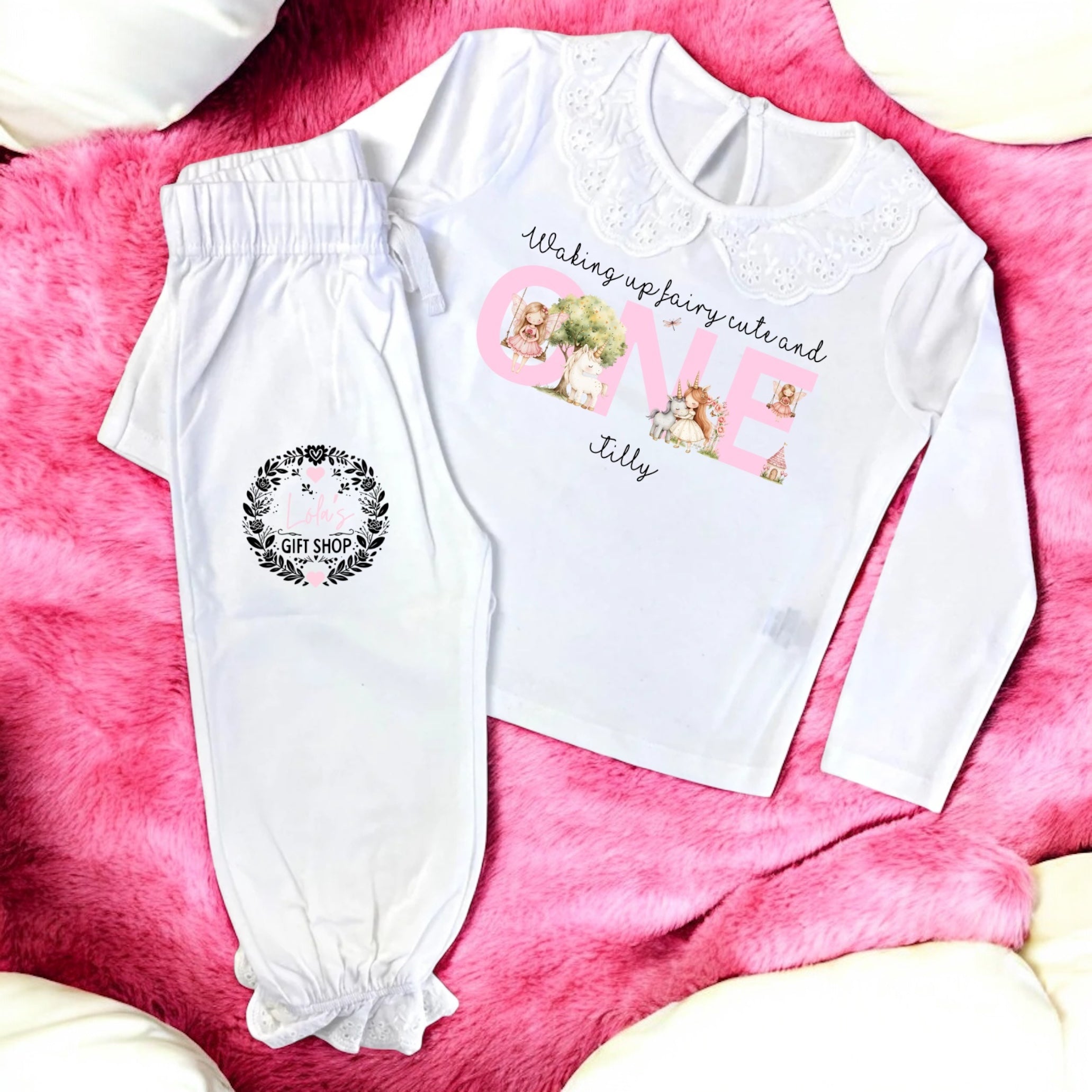 Personalised Birthday Pyjamas – White Frill with Fairy Print