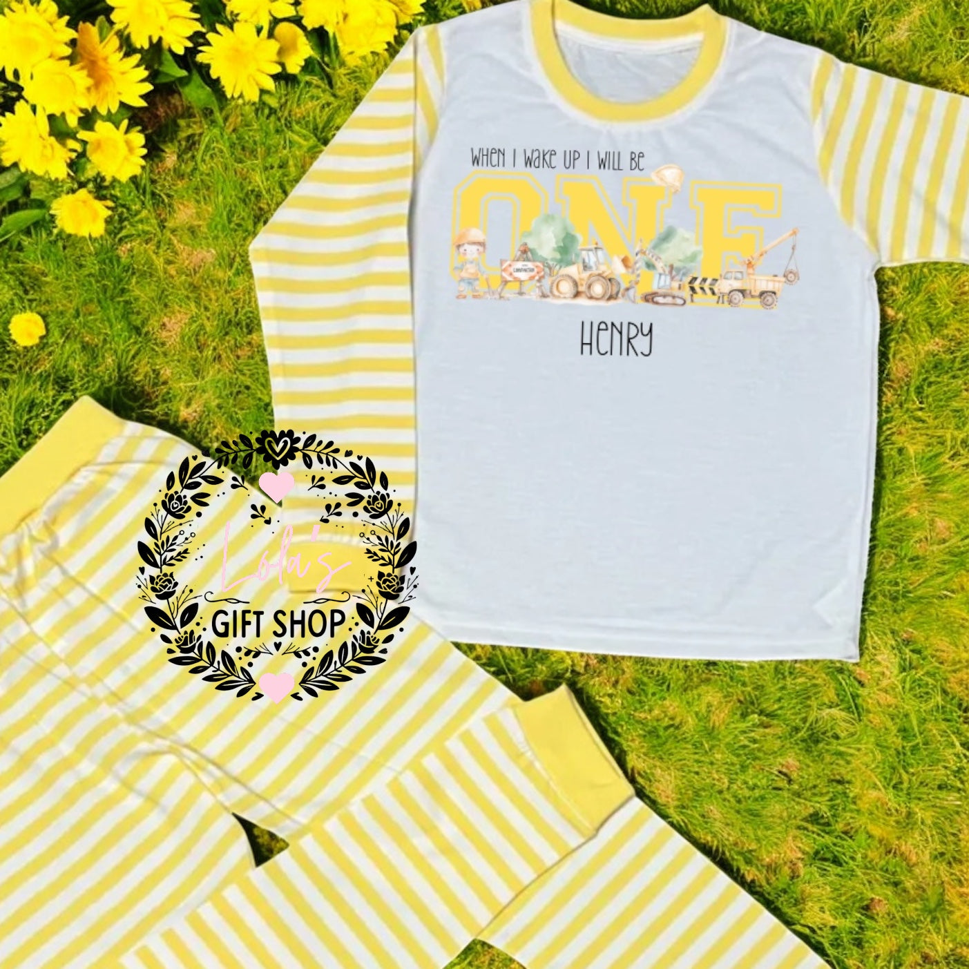Personalised Birthday Pyjamas – Yellow Striped with Construction Design