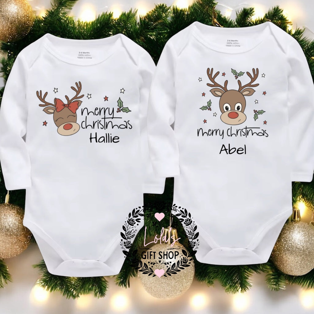 Merry Christmas reindeer personalised baby vest