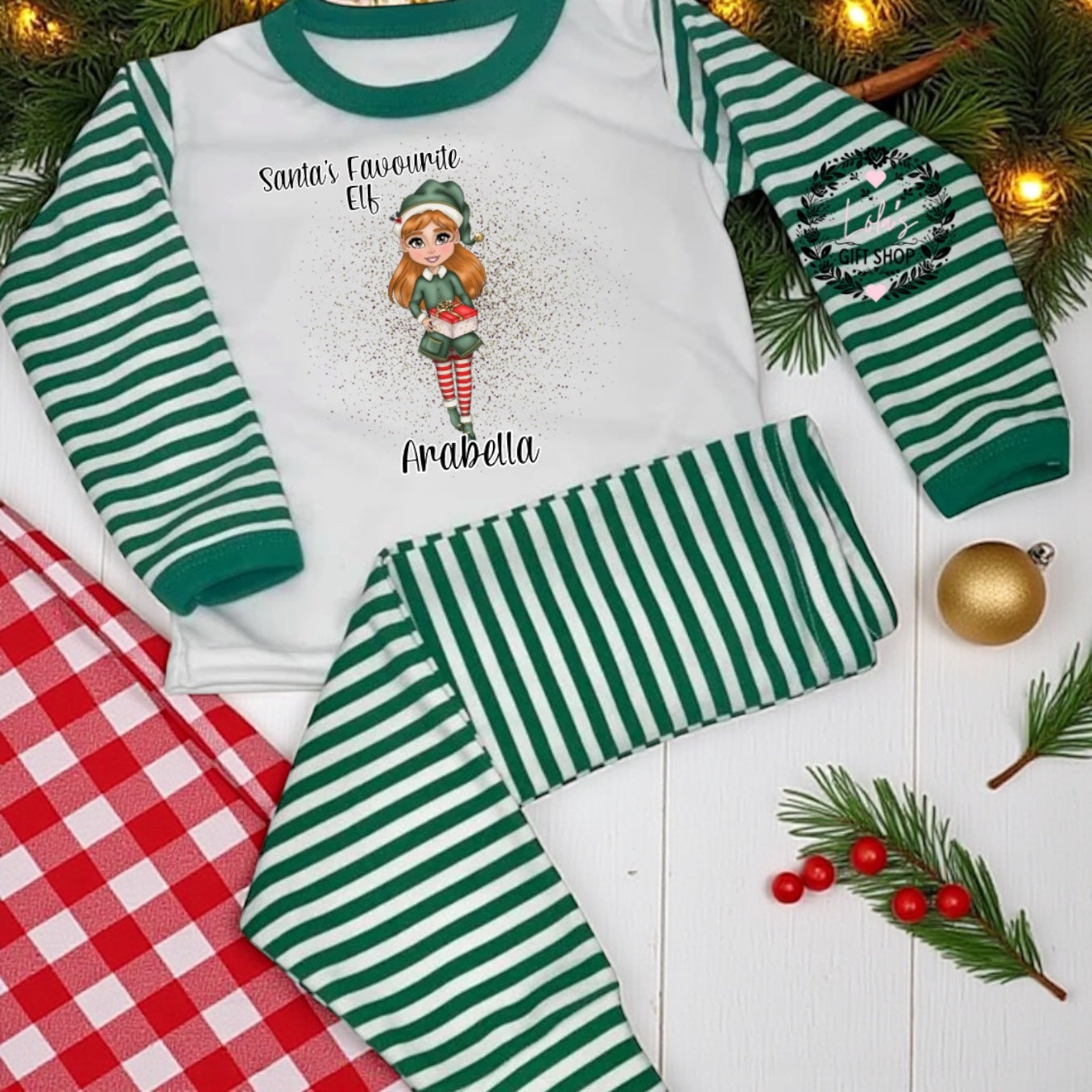 Personalised Elf Christmas Pyjamas – Green Stripe