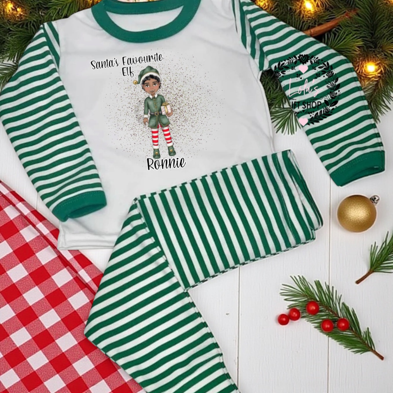 Personalised Elf Christmas Pyjamas – Green Stripe