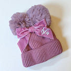Personalised Double Pom Pom Bow Hat (Ages 2–10) 🎀