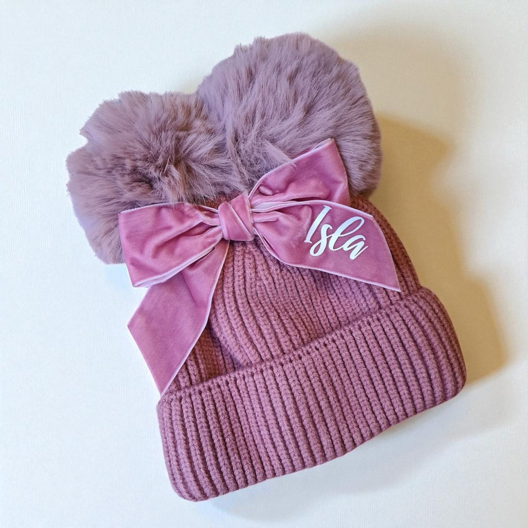 Personalised Double Pom Pom Bow Hat (Ages 2–10) 🎀