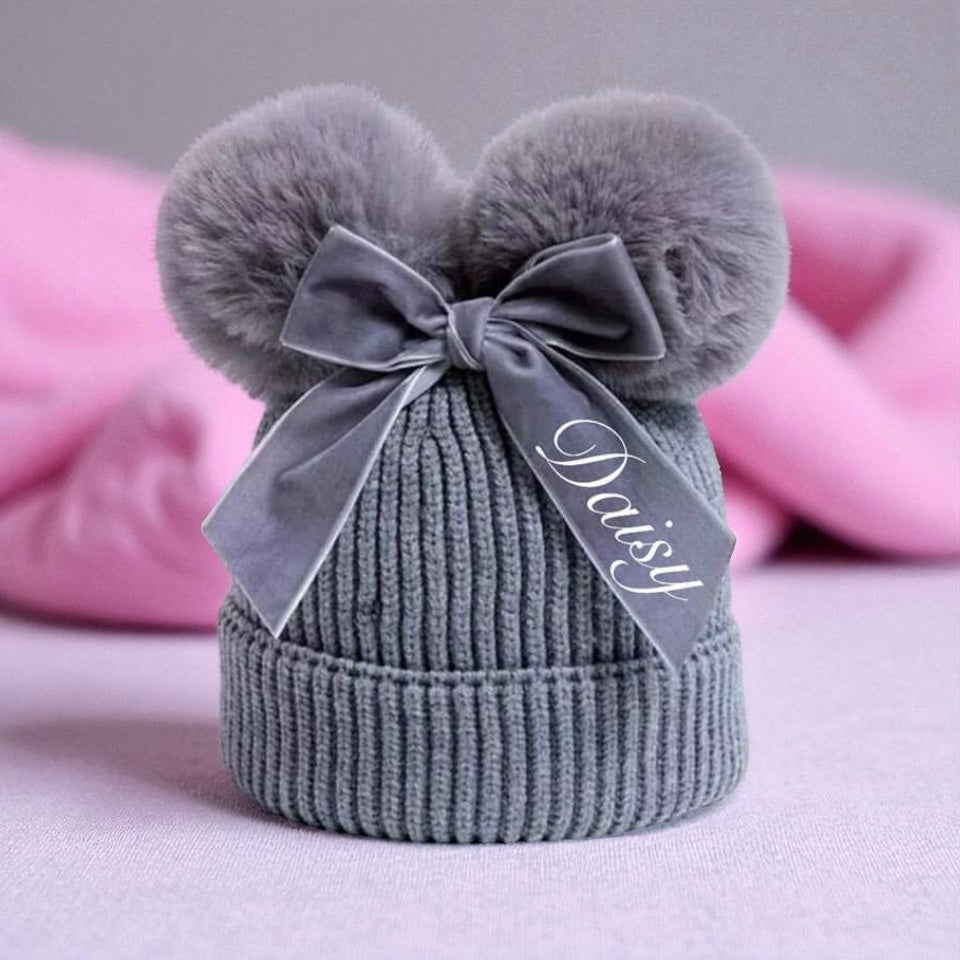 Personalised Double Pom Pom Bow Hat (Ages 2–10) 🎀