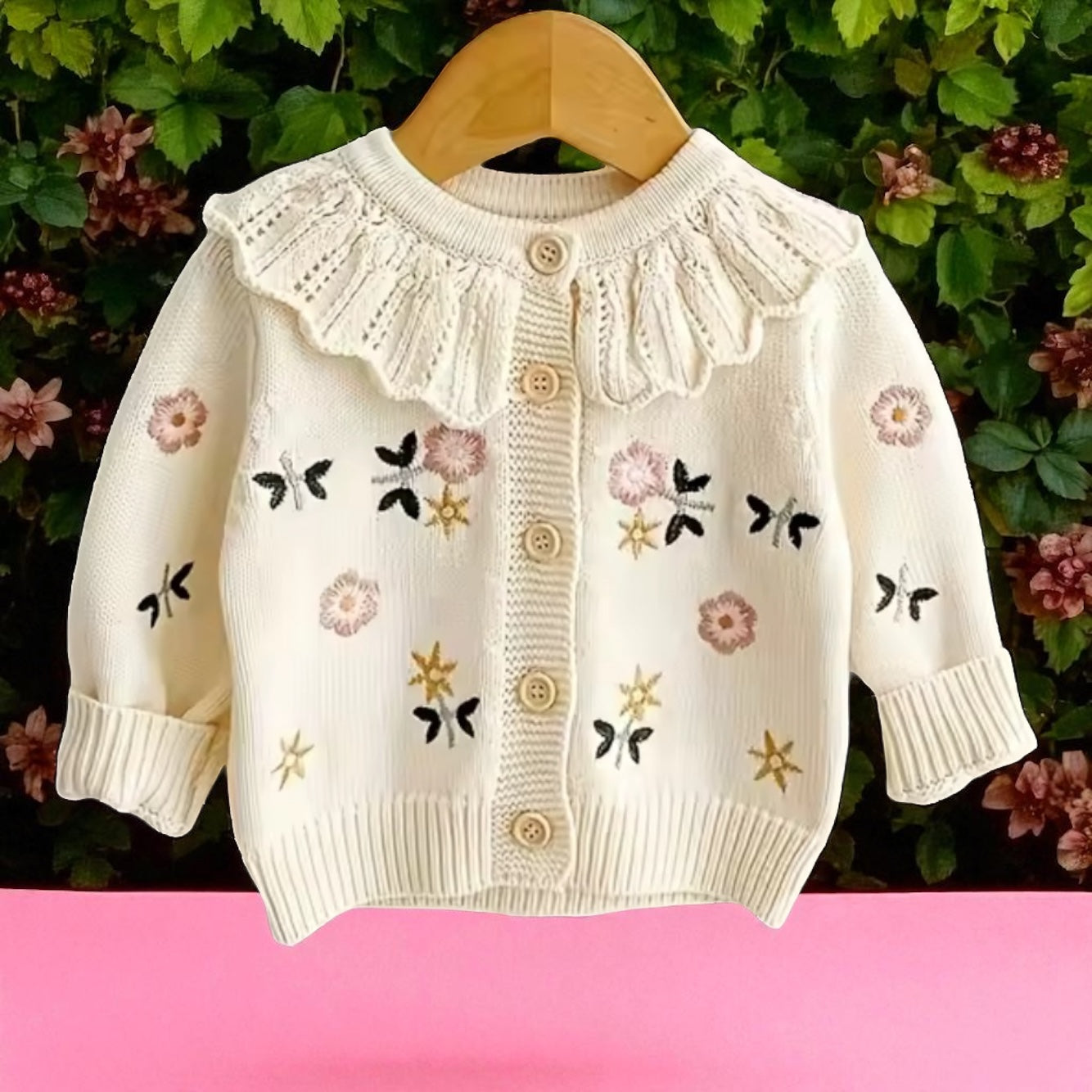 Knitted flower cardigan with frill collar