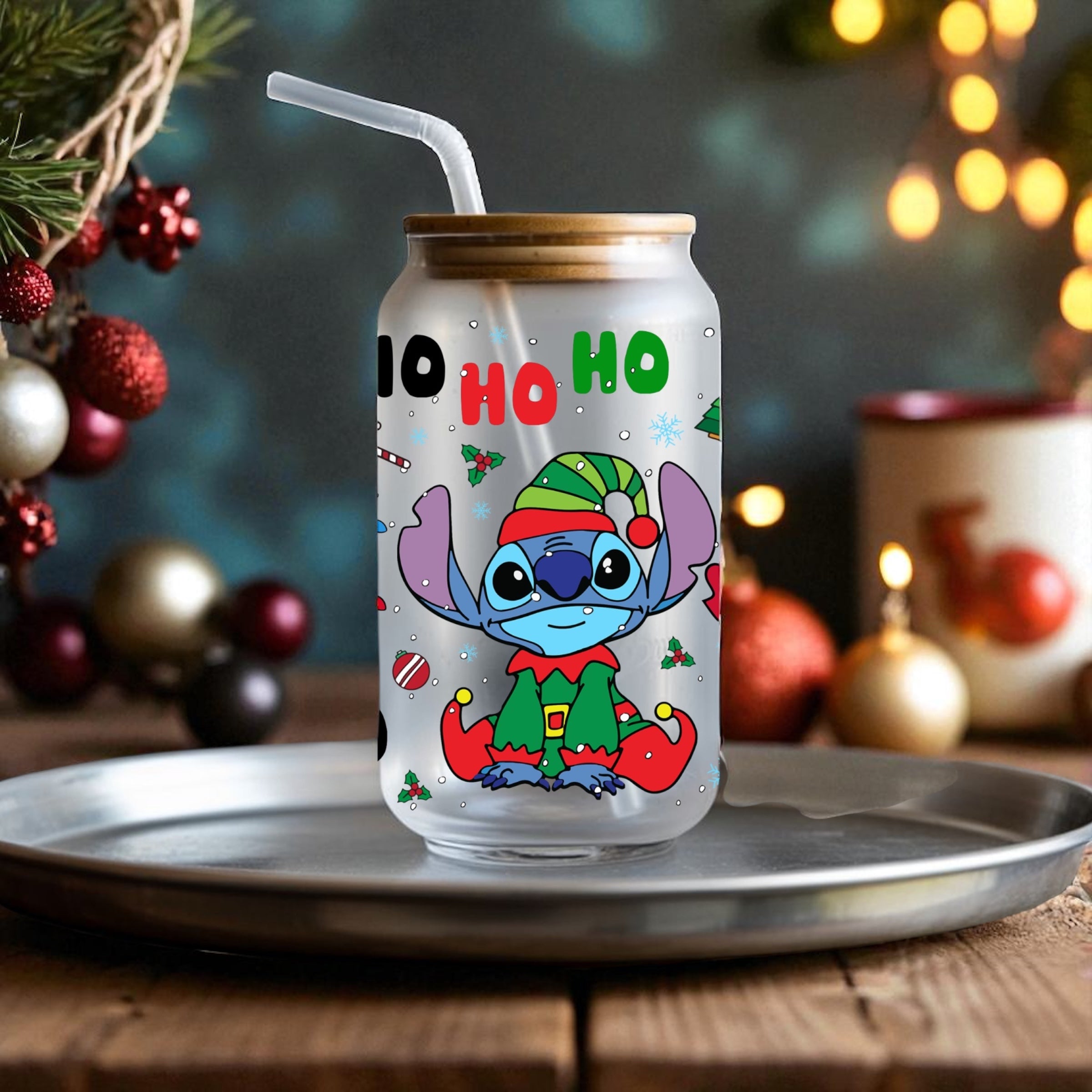 Blue alien Christmas 16oz Libby glass can