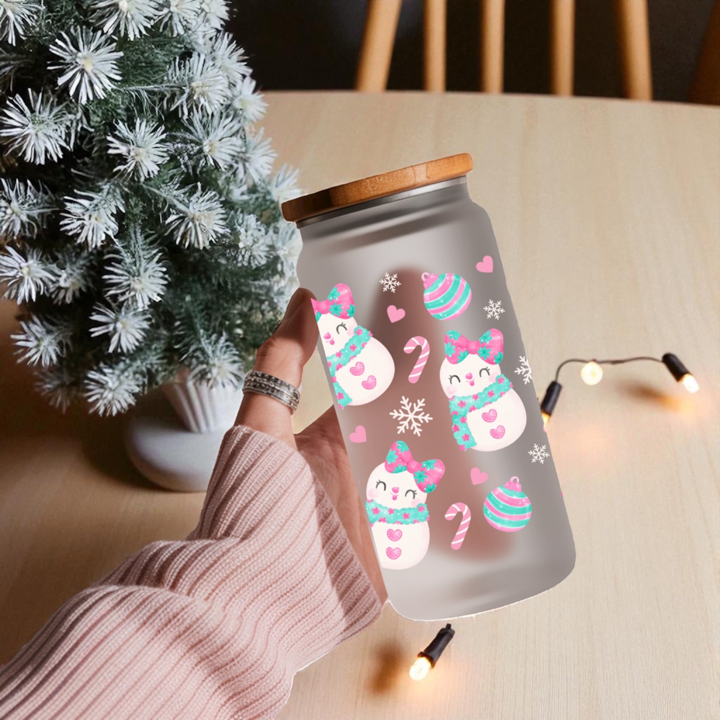 Pink snowman 16oz Libby glass can