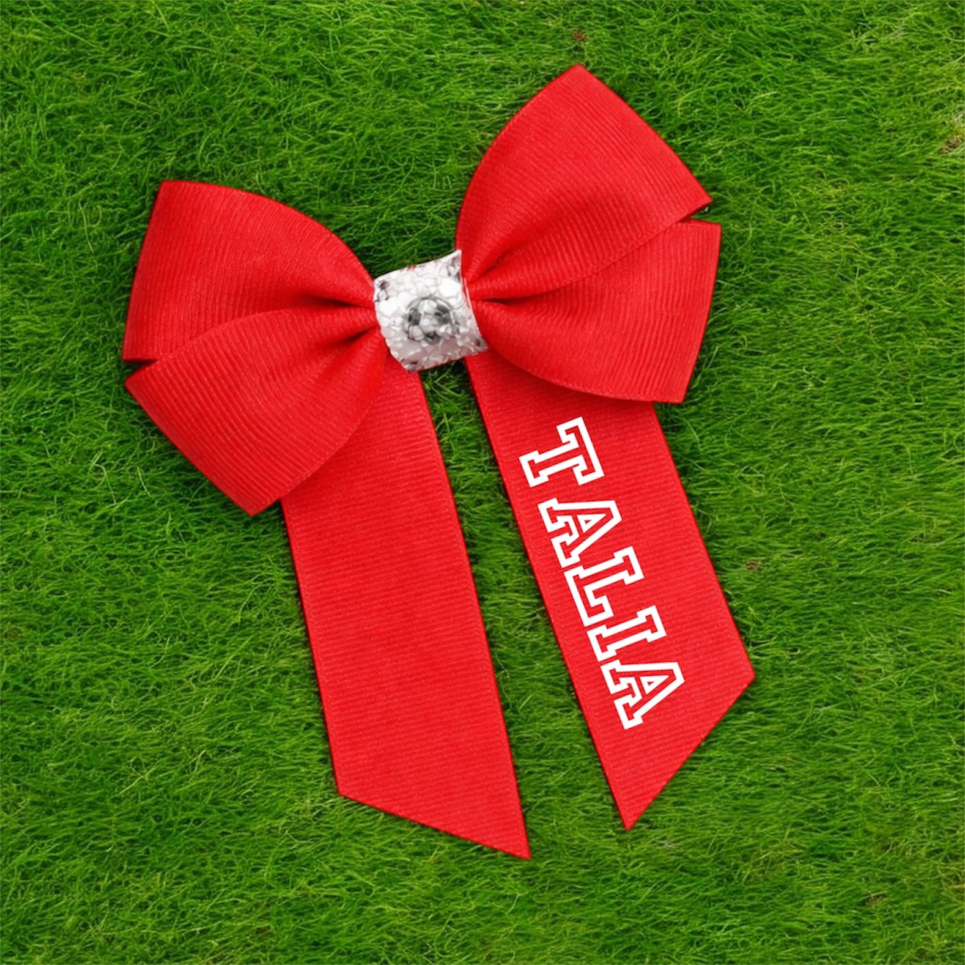 Personalised crocodile clip red football centre bow