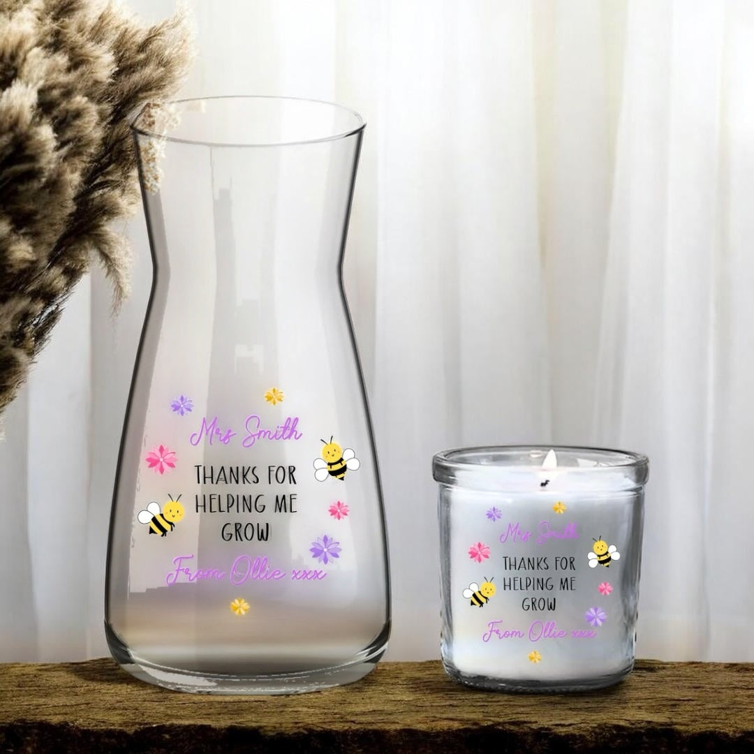 Teachers bee vase and 40hr candle set