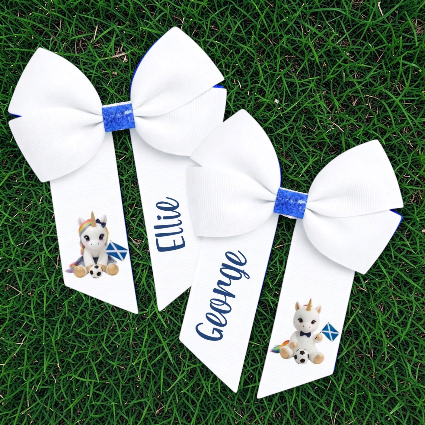 Scottish unicorn hair bow white bright blue