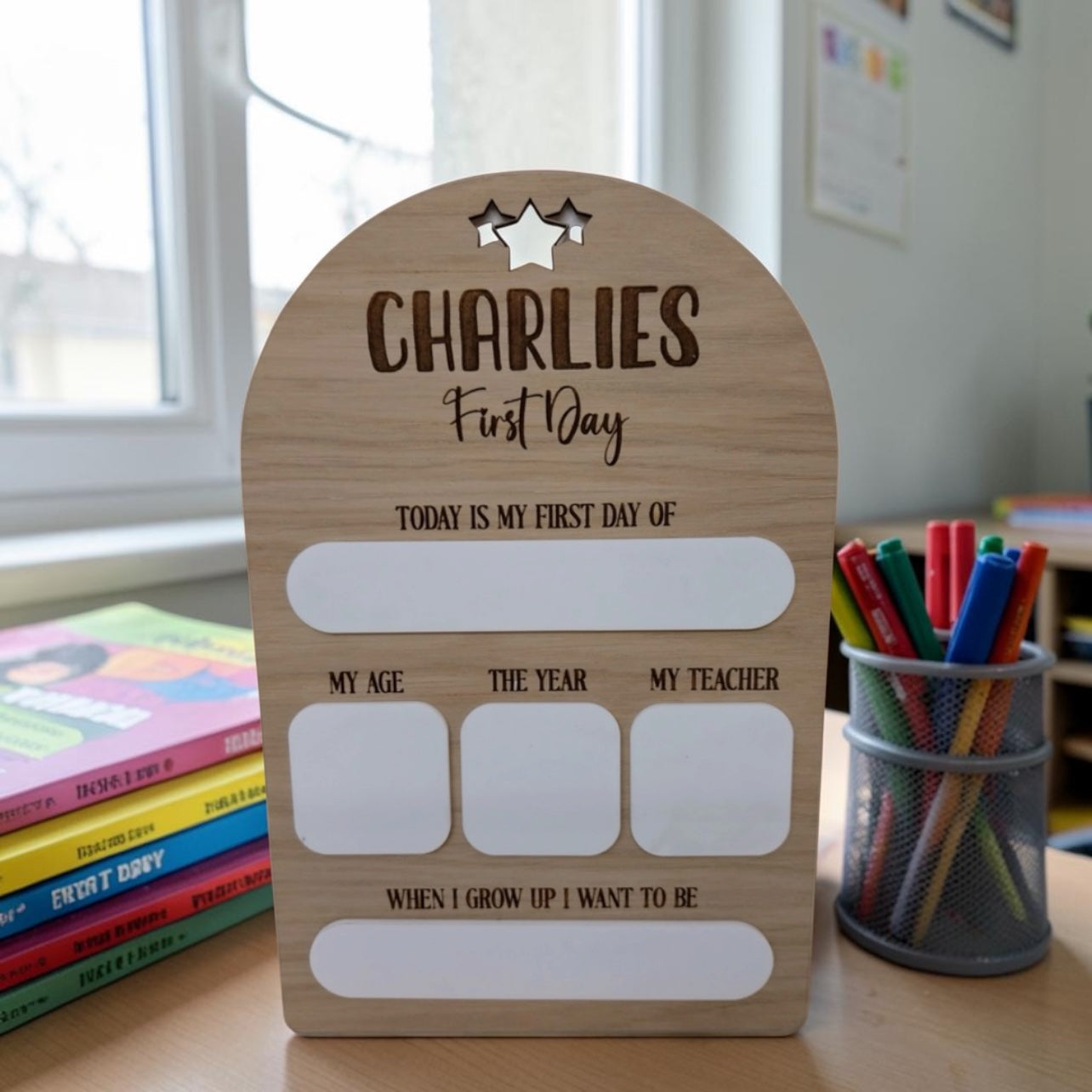Personalised First Day of Plaque Curved Top – Oak Veneer