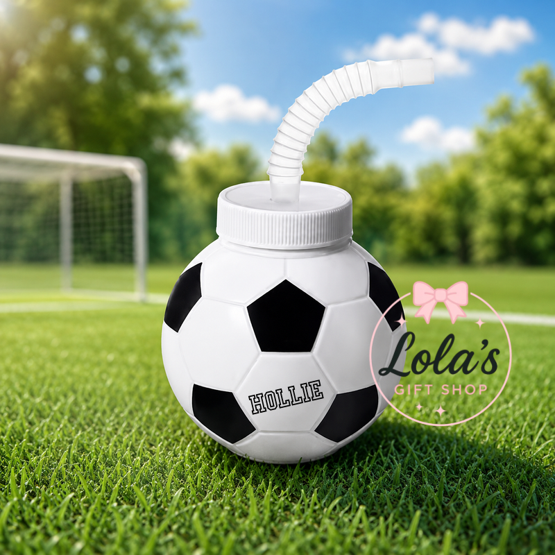 Novelty football cup with bendy straw