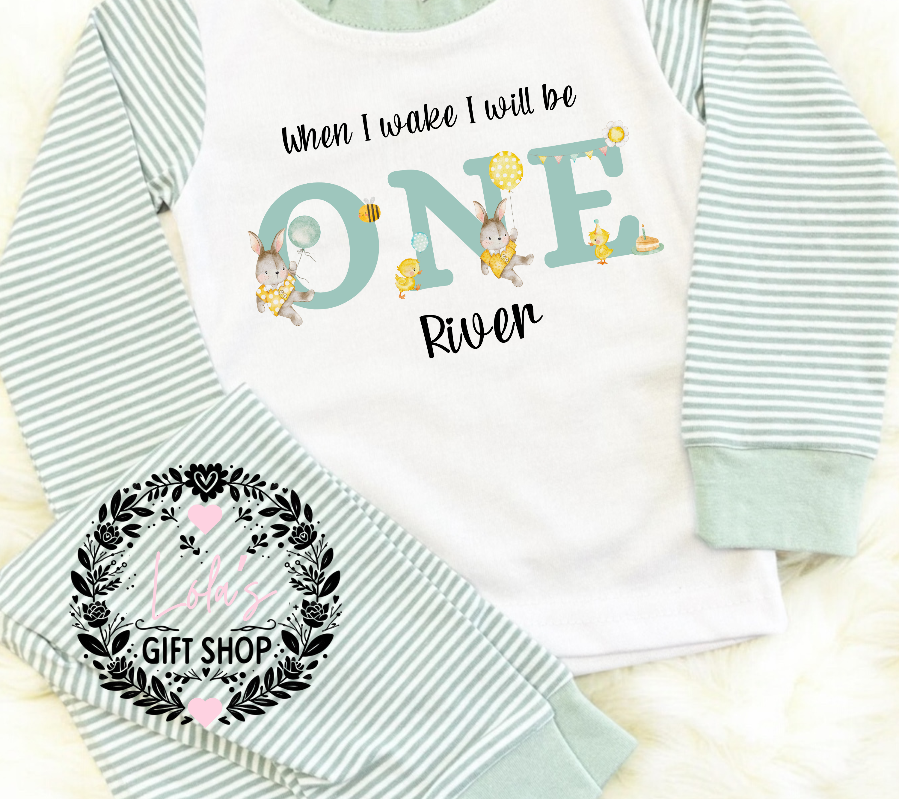 Rabbit and chick wording birthday personalise pyjamas