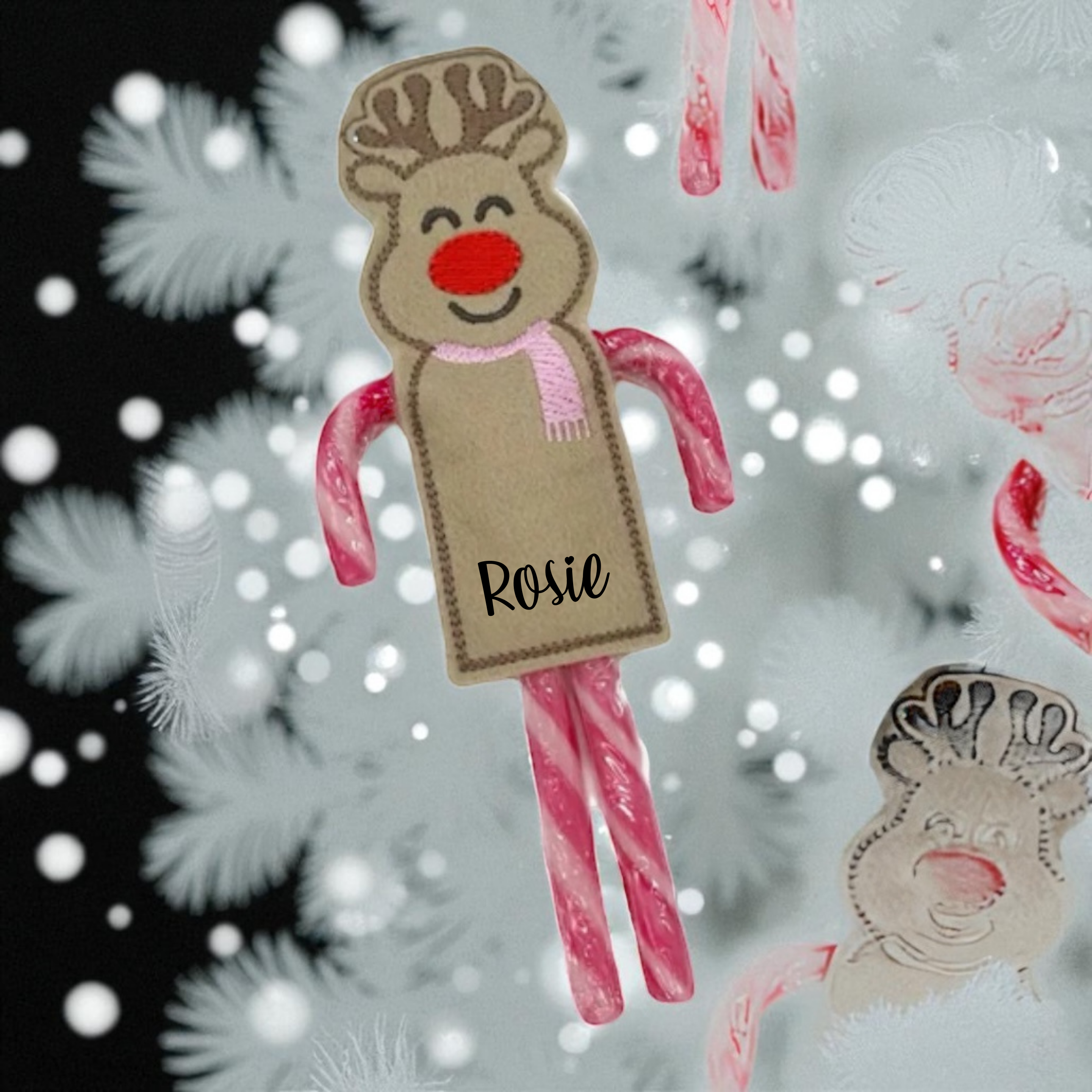 Handmade reindeer feltie candy cane holder personalised