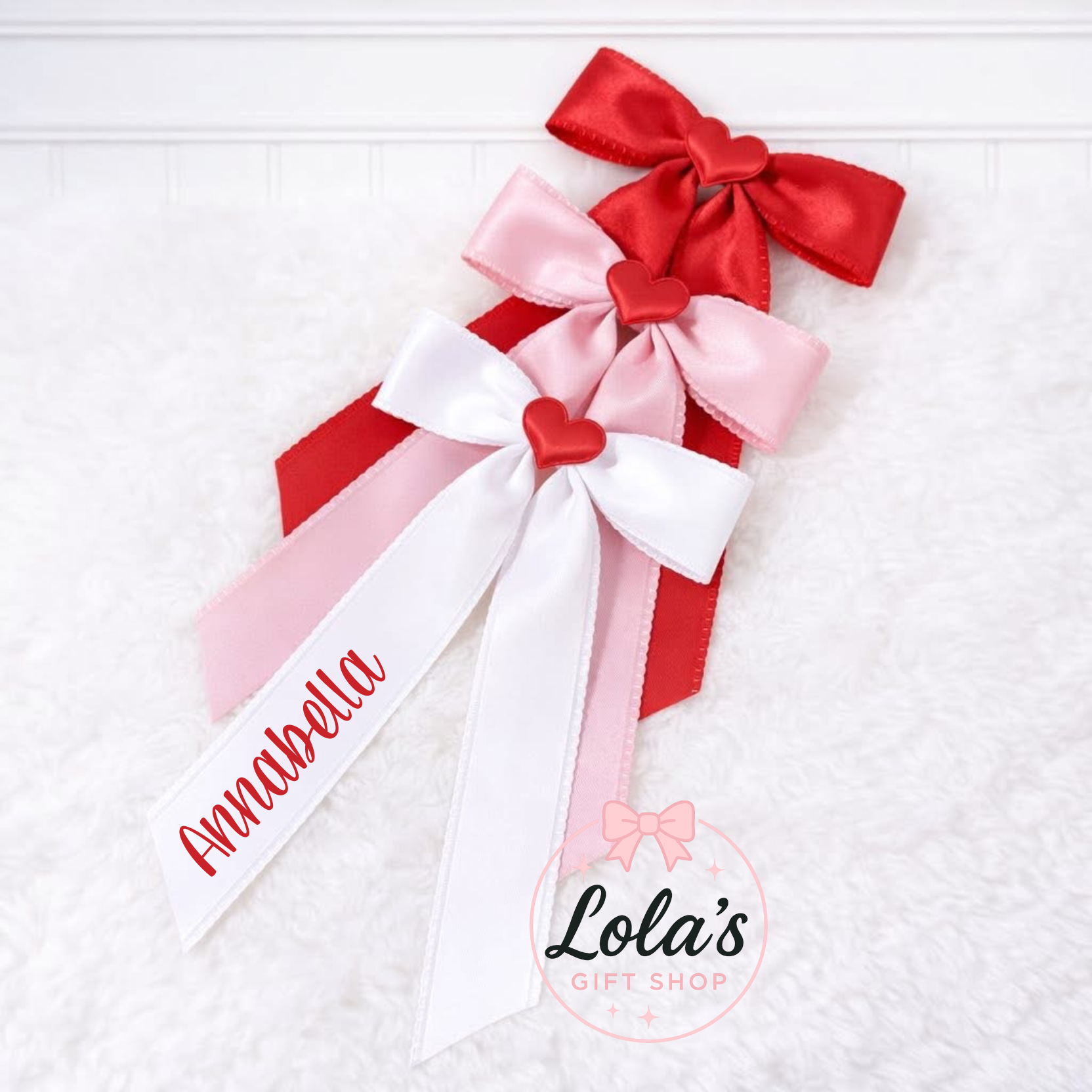 Personalised long tail centre heart hair bows