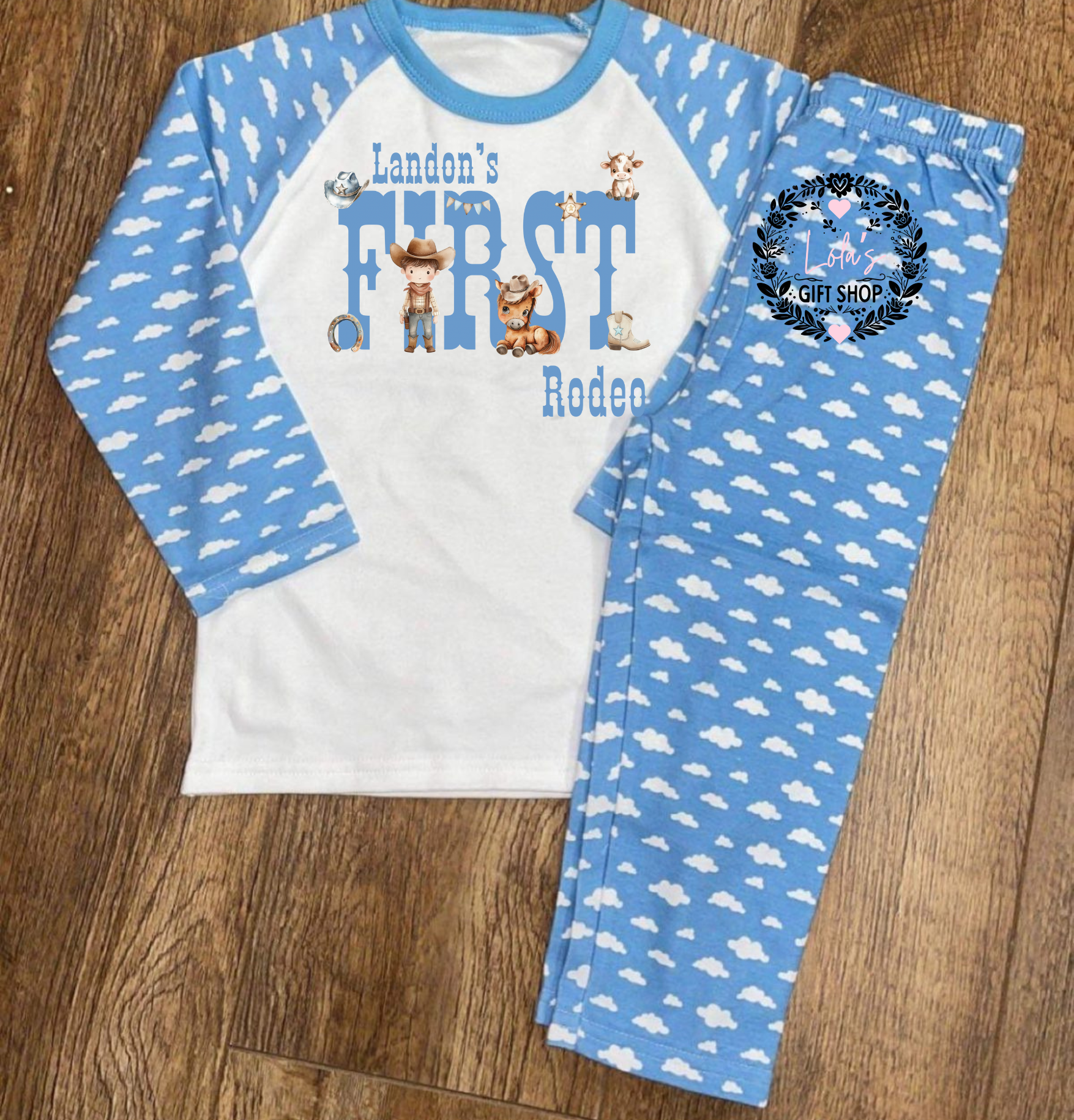 First rodeo pjs/romper pink/blue