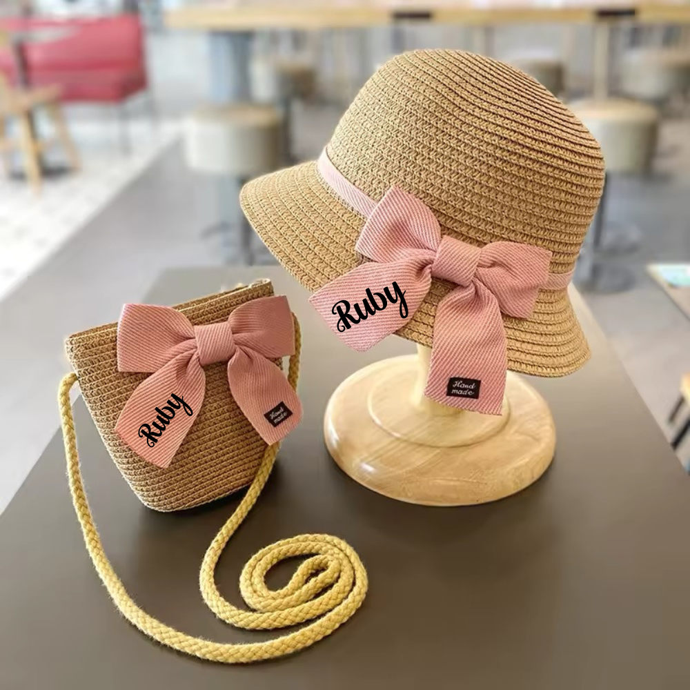 Personalised straw hat bow and bag