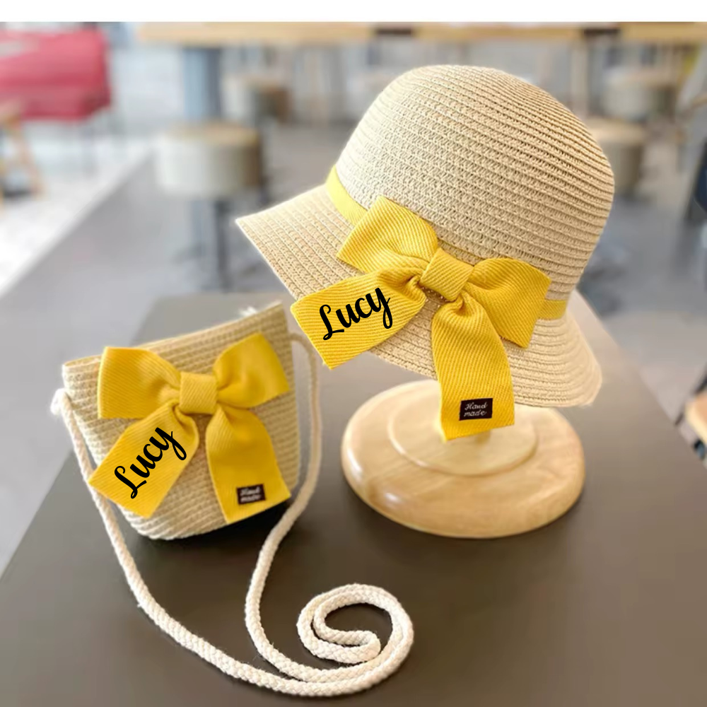 Personalised straw hat bow and bag
