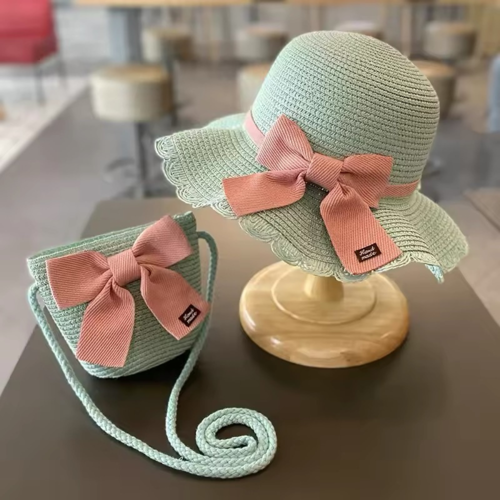 Personalised straw hat bow and bag