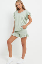 Ladies V Neck Frill Peplum Sleeve Top and Short 2 Piece Tracksuit Set